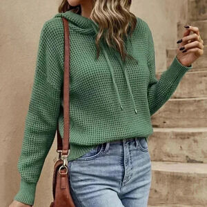 Green Casual Womens Waffle Knit Drop Shoulder Drawstring Hooded Sweater